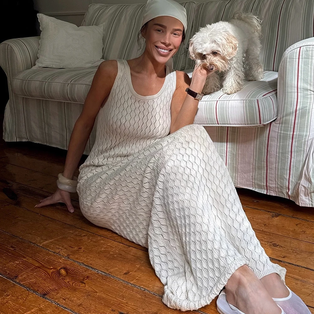 

Tuularose Women Summer Knit Maxi Dress Sexy Sleeveless Hollow Knit Dress Elegant Beach Vacation Party Solid Women's Casual Dress