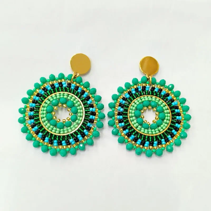 Bohemia Rice Bead Earrings, girassol verde Fashion, redondeza mão tricô cristal, Bohemia liga geometria, simples frisado brincos