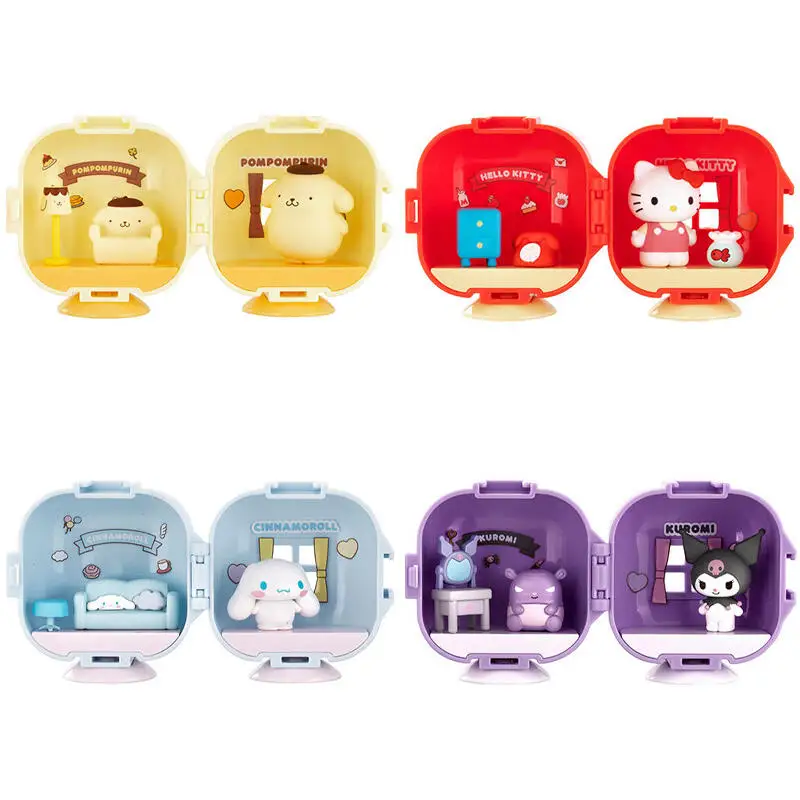 

4pcs/set Genuine Bandai Sanrio Cabin Shaped Twisted Egg Kuromi Cinnamoroll Hello Kitty Anime Action Figure Model Toys Gift