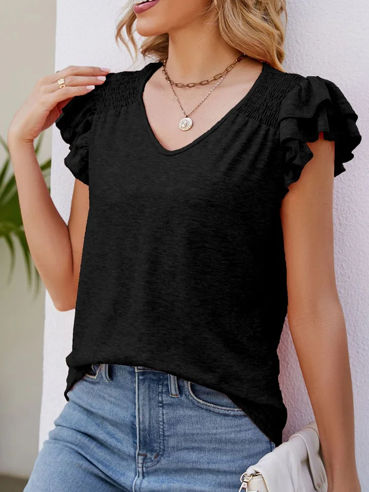 6-Color Summer T-Shirt For Women Casual V-Neck Pleated Short Sleeved Top Female Casual Daily Tee