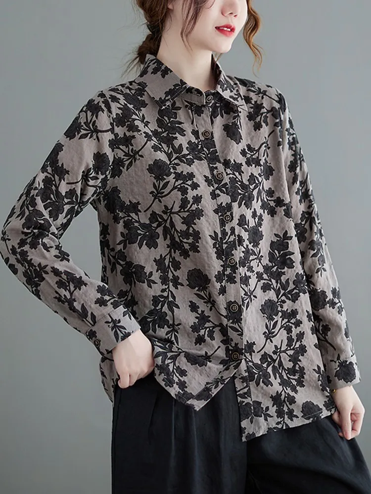 Women Long Sleeve Casual Shirts New 2022 Spring Vintage Style Floral Print All-match Loose Female Cotton Tops Shirt B1697