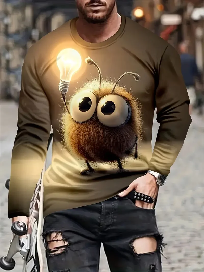 

New cartoon animal pattern 3D print men's long sleeved T-shirt spring and autumn fashion casual round neck shirt men's clothing