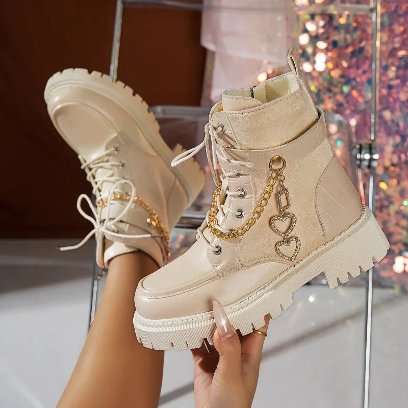 

Новые зимние нескользящие ботинки на платформе с круглым носком и шнуровкой, хлопковая обувь на блочном каблуке с металлической цепочкой