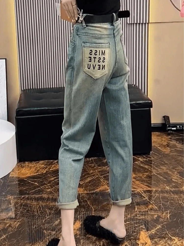 

Loose Straight Leg Harem Jeans Women's Spring New Sle Letter Print High Waist Nine Points Dad Pants Slimming Effect