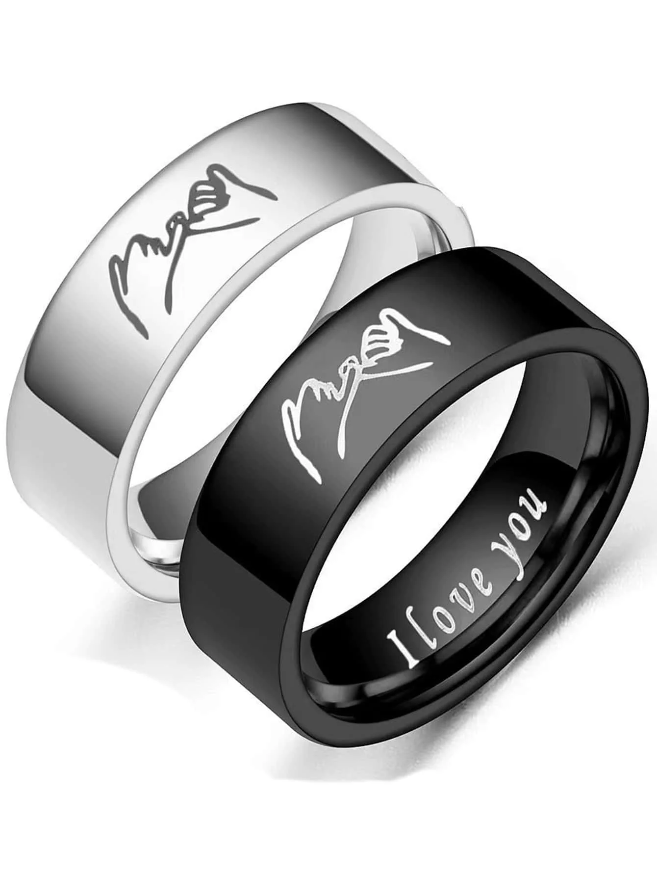 

2pcs Stainless Steel Couple Rings with Hand Gesture Engraving, Black & Silver Finish