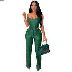 Womens Sexy Chic PU Faux Leather Two 2 Piece Sets Tube Crop Top And Wide Leg Pants Suits Y2K Going Out Night Club Party Outfits