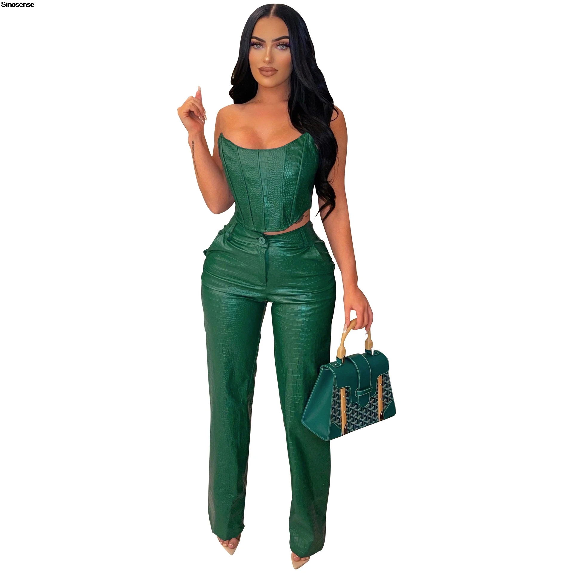 Womens Sexy Chic PU Faux Leather Two 2 Piece Sets Tube Crop Top And Wide Leg Pants Suits Y2K Going Out Night Club Party Outfits