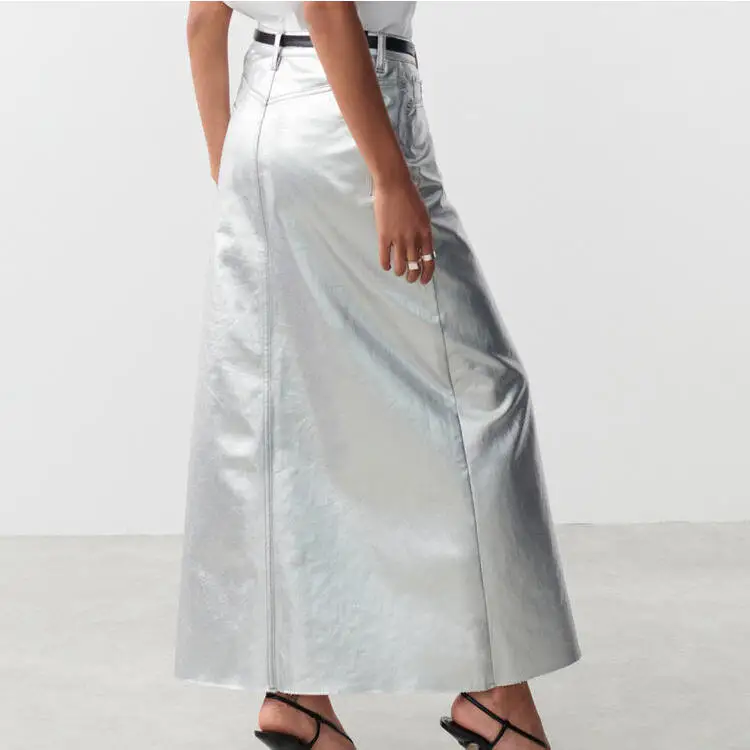 Gonna f in pelle PU slim fit argento Gonna da donna di nuovo arrivo Ci Walk Sle con cintura a metà coscia