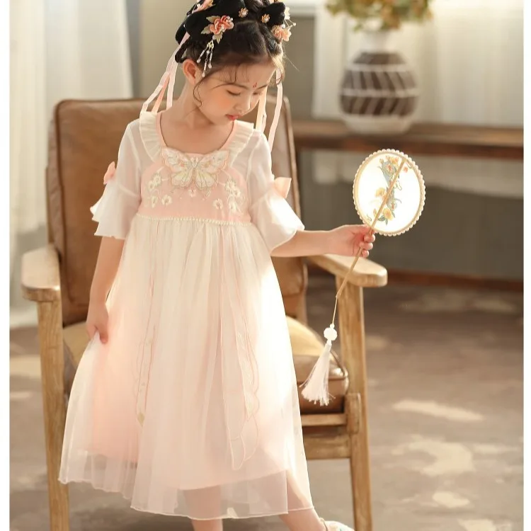 فستان أميرة فراشة مطرز للأطفال هانفو ، فستان هان شبكي طويل ، على الطراز الصيني الجديد ، الصيف ،