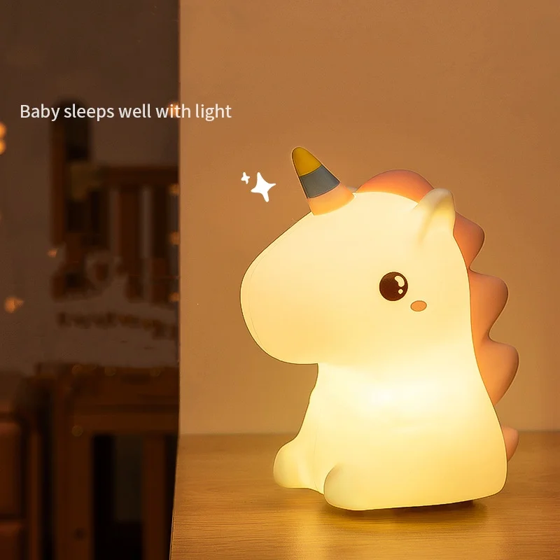 Luz LED nocturna de silicona con forma de unicornio, luz LED nocturna con carga USB, Animal de dibujos animados, decoración de dormitorio, luz nocturna táctil