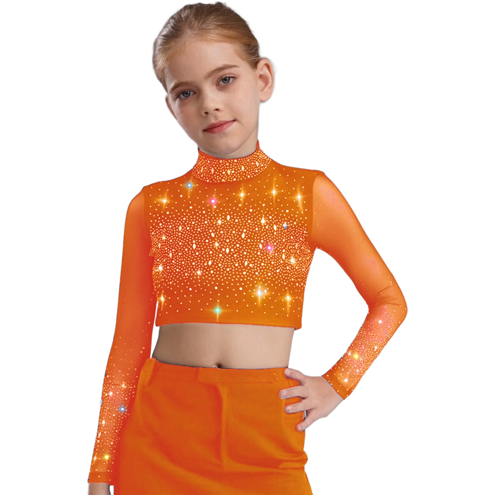 Top da ballo lirico per bambina, collo a lupetto, maglia trasparente, manica lunga, buco della serratura sul retro, strass lucidi, top corto, costume da ginnastica per balletto