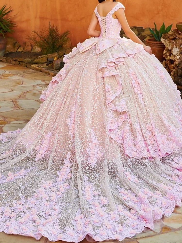 

Customized Luxury Mexican Quinceanera Dresses With Train Flower Applique Bow Princess 15 Birthday Party Prom Wedding Occasion