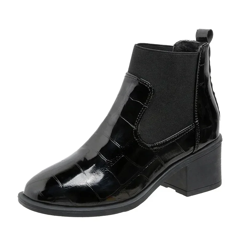 Chelsea Boots Women\'s Autumn/Winter British Lacquer Leather Mid Heel Boots Round Toe High Heels Shiny Leather Women\'s Boots