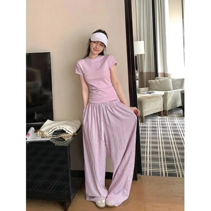 

Women Korean Lazy Style Solid Short Sleeve T Shirt Striped Drawstring Wide Leg Pants Two Piece Summer Casual Set S-XL