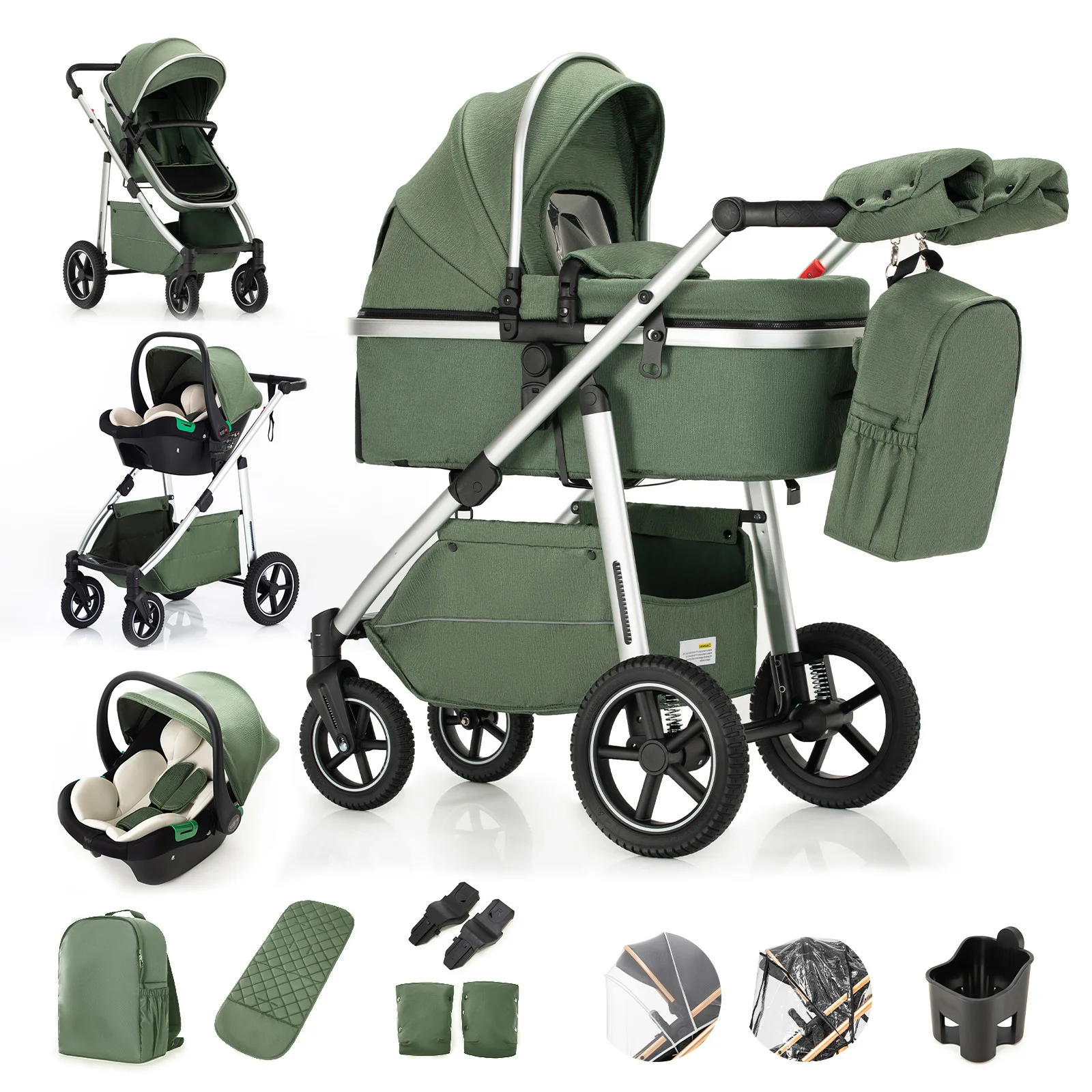 3 in 1 Baby Stroller Fold Pram Carriage Newborn Infant Stroller High Landscape Aluminum Frame Luxurious Portable for Travel Multi-functional Cart Can Sit Reclining easy Folding Strollers