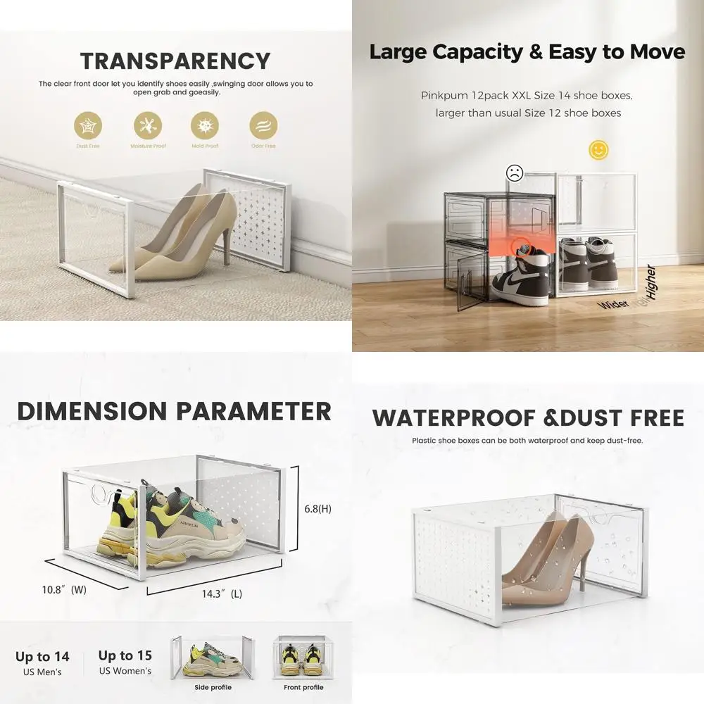 

Прозрачные пластиковые штабелируемые коробки для хранения обуви, набор из 12 штук, размер 14, идеально подходят для организации кроссовок