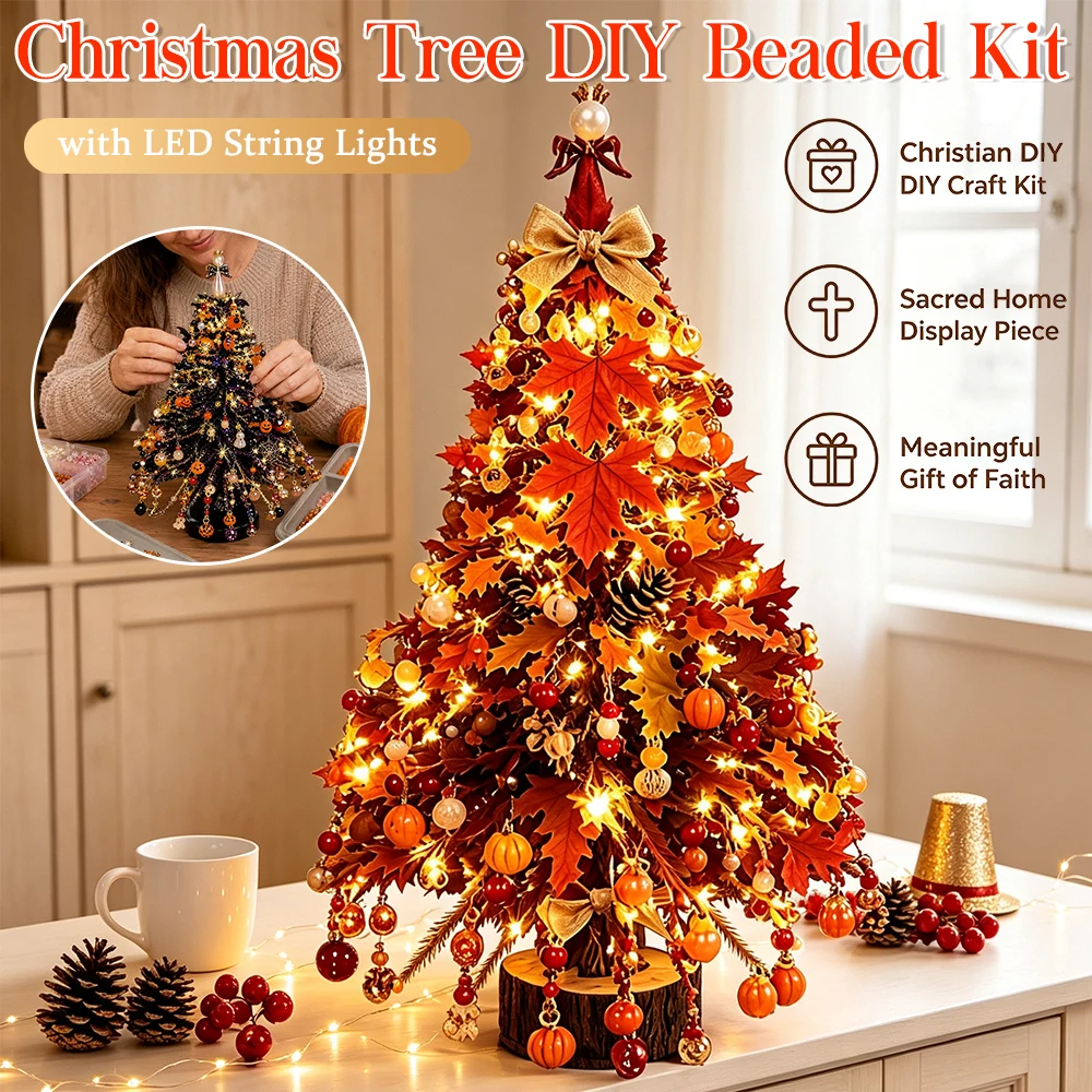 Mini Beaded Christmas Tree DIY Kit with LED String Lights Handmade Holiday Decoration Set