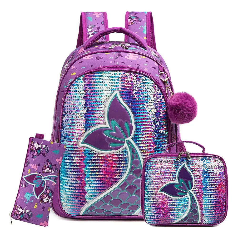 BIKAB School Backpack Girls 16 Inch Girls School Sequin Backpack with Lunch Box Backpack Women Girls School Supplies Set Bags