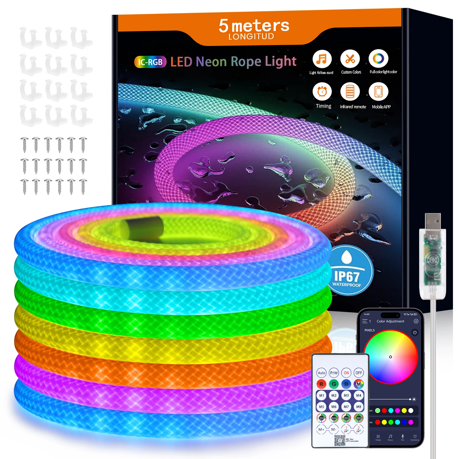 5M DC5V WS2812B Round Reticulate Pattern Neon LED Strips Bluetooth APP Control 360 Degree RGBIC Flexible Lights IP67 Waterproof