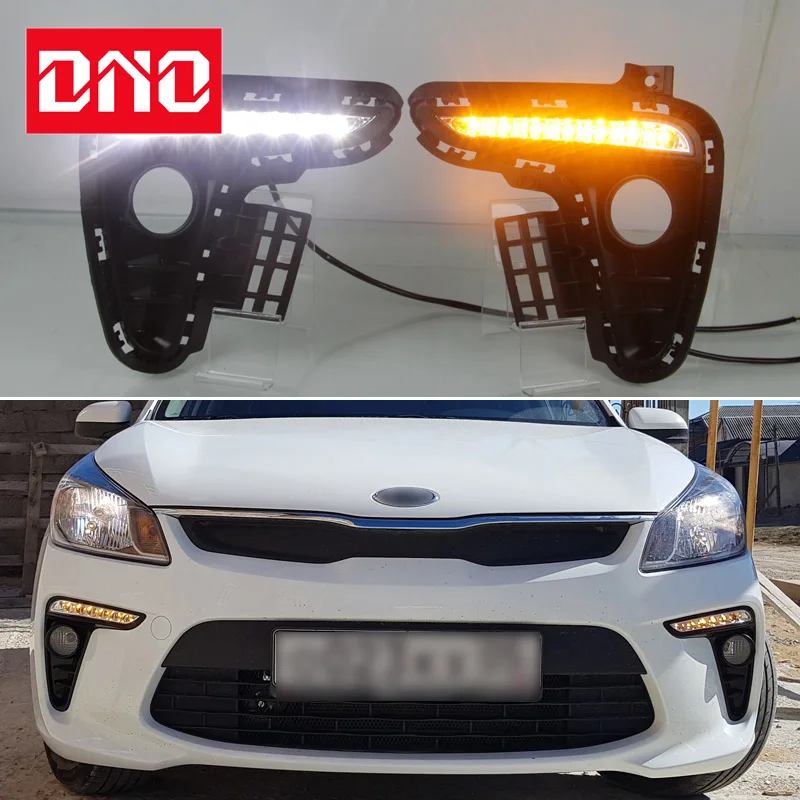 

Car LED DRL 12V Daylights For Kia Rio K2 2017 2018 Yellow Turn Signal Daytime Running Headlamps Auto Driving Fog Lamp