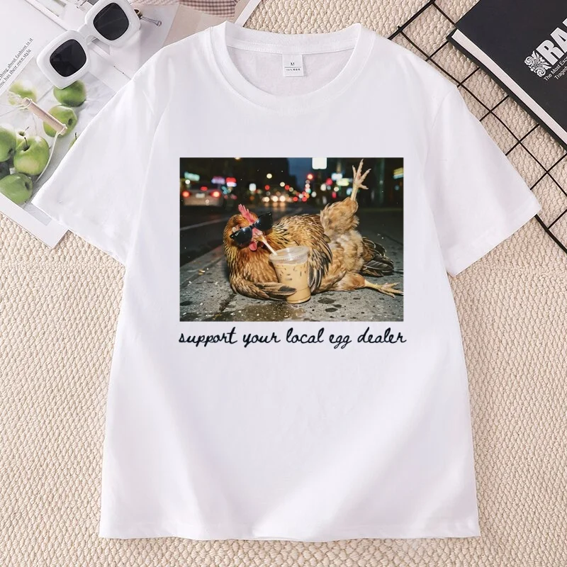 Chicken Drinking Iced Coffee T Shirt Funny Chicken T-Shirt for Women Support Your Local Egg Dealer Tshirt Farmer Mom Tops