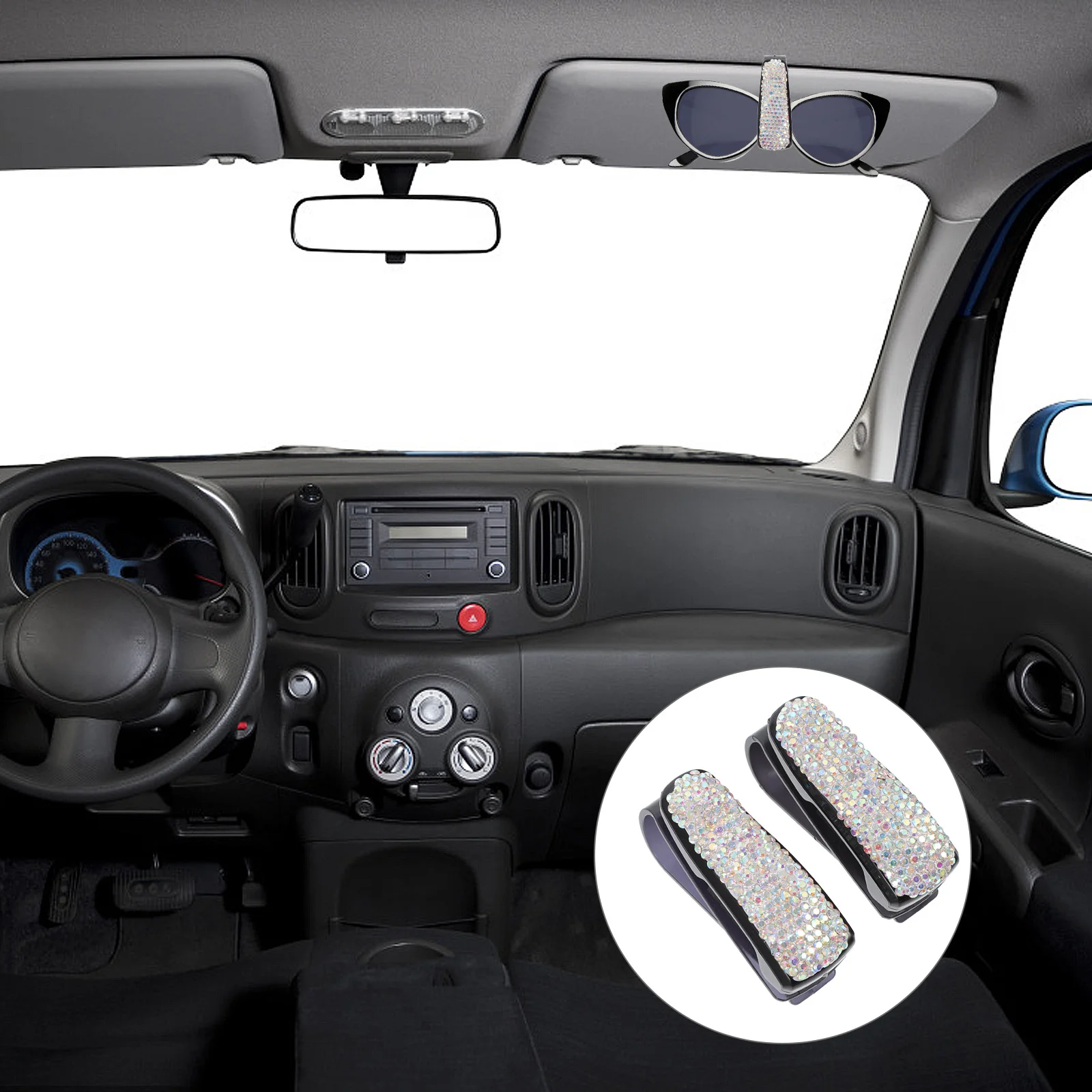 

2Pcs Automobile Eyeglasses Clip Creative Rhinestone Style Strong Grip Car Sunglasses Holder for Dashboard Or Visor Use