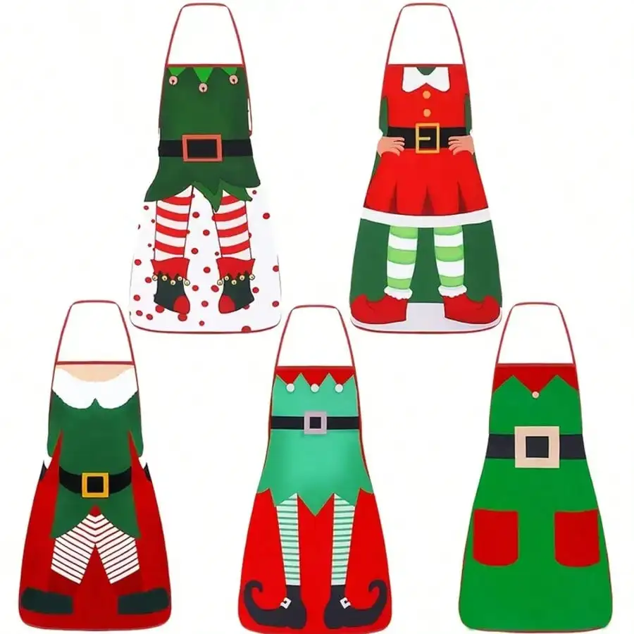 

5pcs Christmas Apron Set: Santa/Elf Design, for Men/Women Chefs, Xmas/Halloween/Thanksgiving Gifts