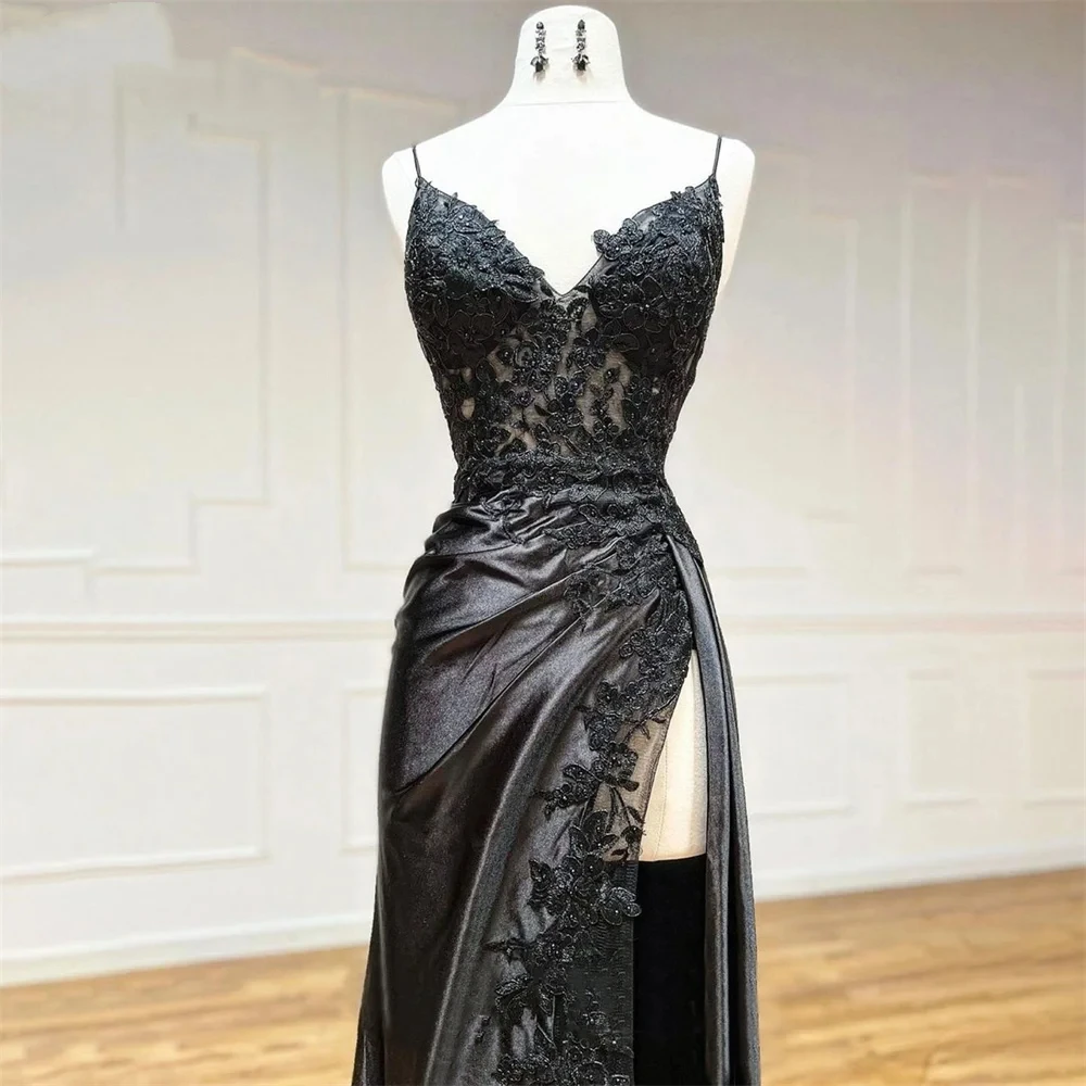 Classic Black applique Mermaid Italian skinny strap V-neck backless sexy side slit custom evening dress party dance occasions