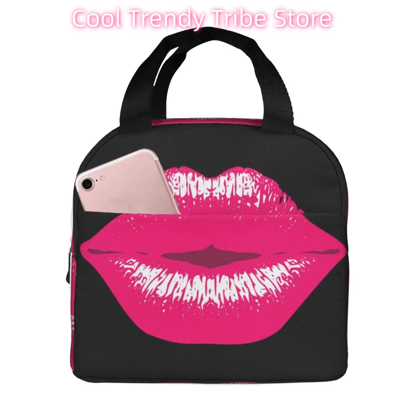 Pink Black Leopard Lips Lunch Tote Bag Insulated Reusable Lunch Box Portable Meal Handbag Food Bento Container with Front Pocket