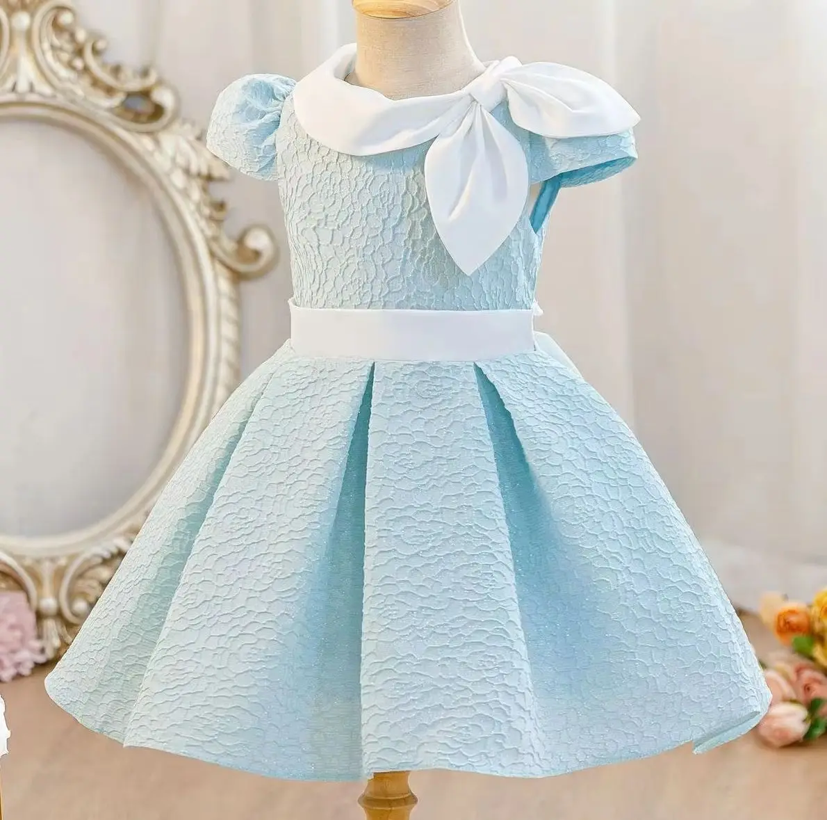Brief Girls' Princess Dress Blue White Color Block  Child Girl Holiday Dresses Formal Clothes 3 to 10T