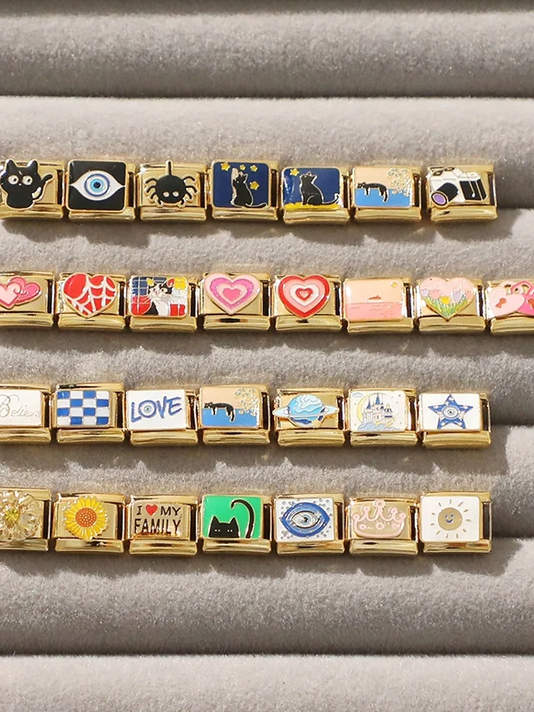 Yeux du diable chats Rose vérifier fraise couleur or maillons de charme italien en acier inoxydable ajustement 9mm Bracelet bijoux bricolage fabrication de cadeaux