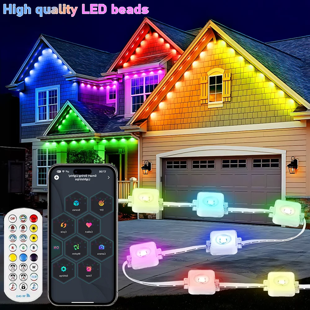 String Waterproof 196FT/147FT/98FT/49FT Permanent Outdoor Lights RGB+IC Smart Christmas Lights for New Year Holiday Decorations。