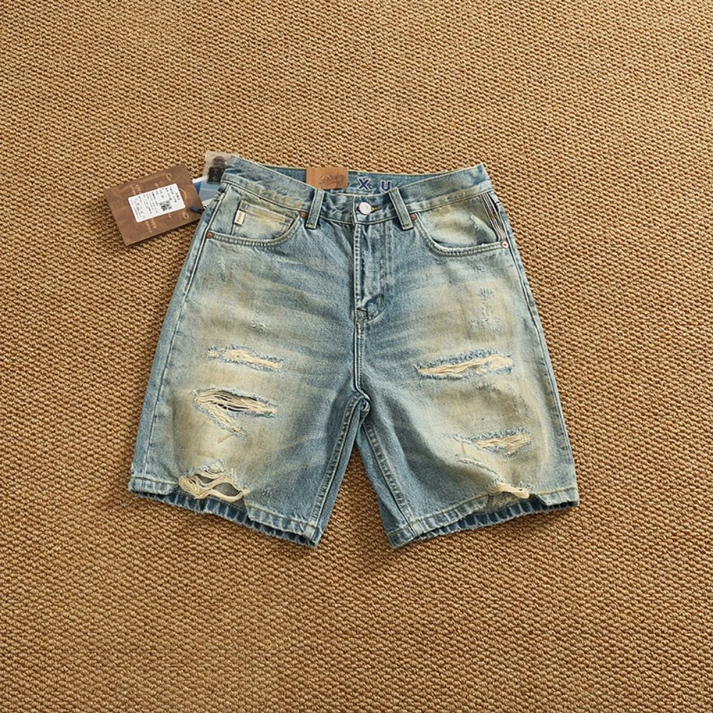 

High-end retro ripped denim shorts men's texture patch loose cropped pants casual mid-sized pants