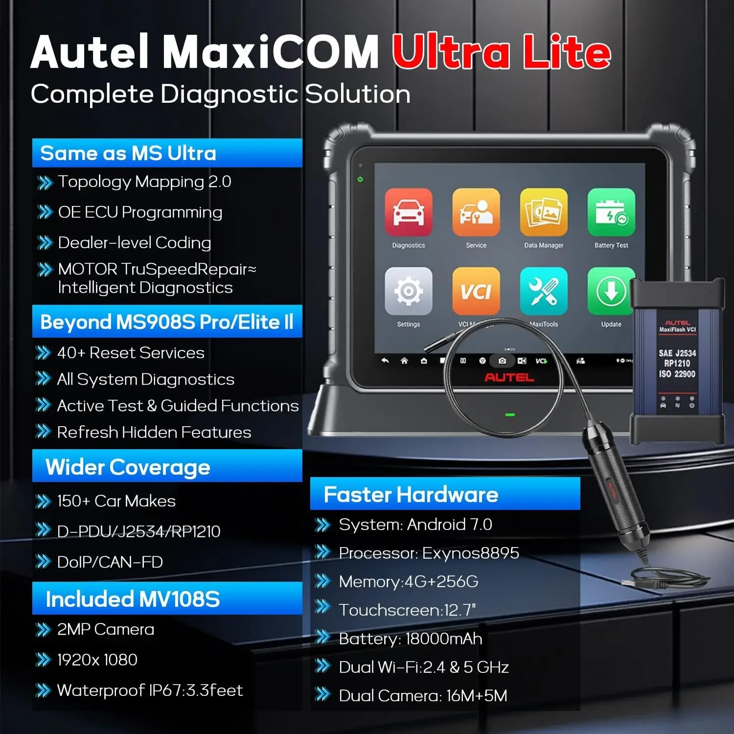 Autel MaxiCOM Ultra Lite Automotive Diagnostic Scanner, with MV108S | 2-Year Free Updates, J2534 Programming, Topology Mapping, DoIP CAN FD, FCA SGW, Motor TruSpeed, 40+ Services, 150+ Makes