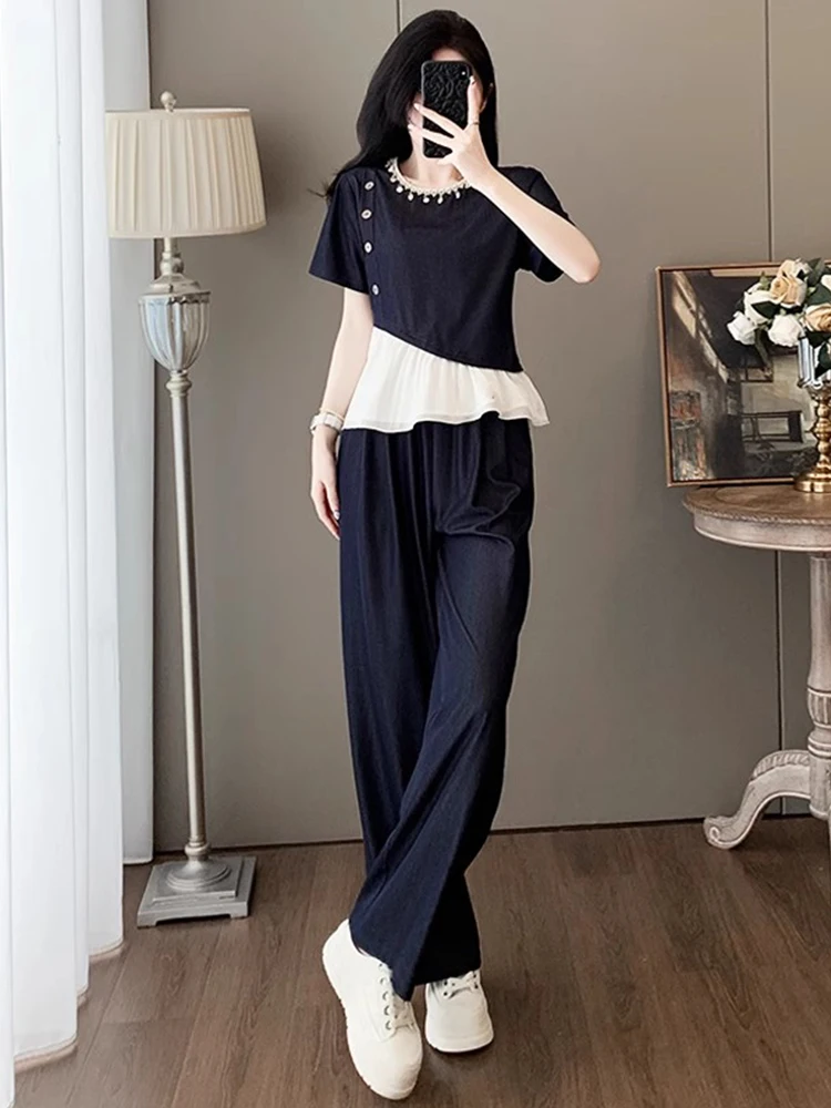 

Летний комплект Faion, женский топ ort Sve, широкие брюки, комплект из двух предметов, элегантный повседневный комплект из полиэфирного волокна