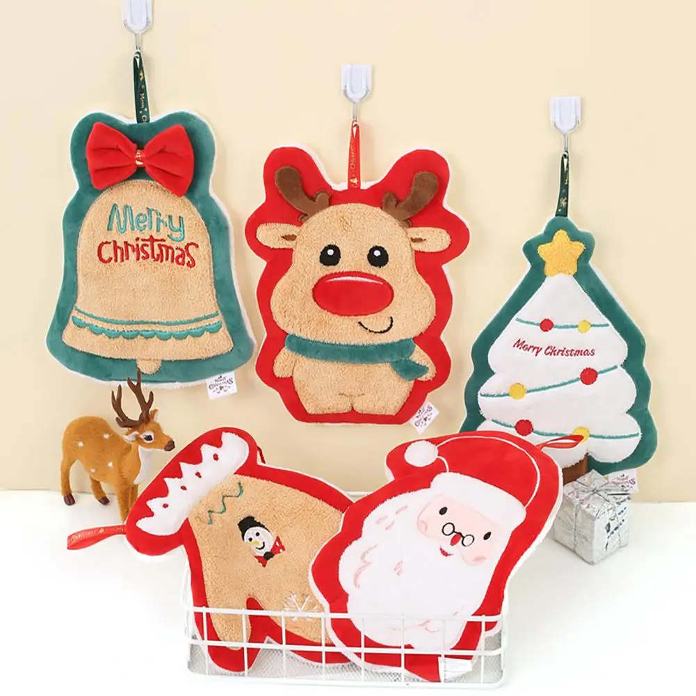 Coral Fleece Hand Towel Cute Christmas Santa Tree Bell Glove Snowman Elk Hanging Loop Bathroom Kitchen Towel Home Dish Towels