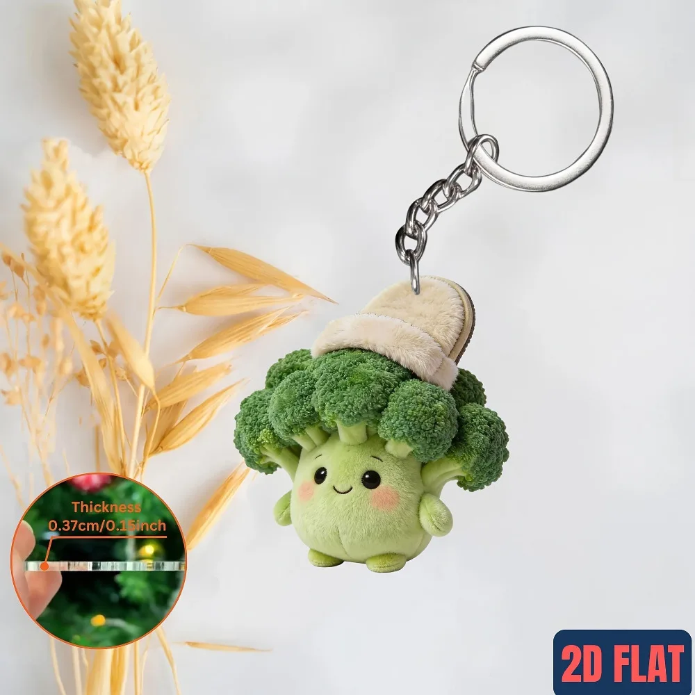 Creative 2D Flat Acrylic Vegetable Keychains Cute Cartoon Broccoli Pendant Dopamine Car Hanging Decoration Jewelry Accessories