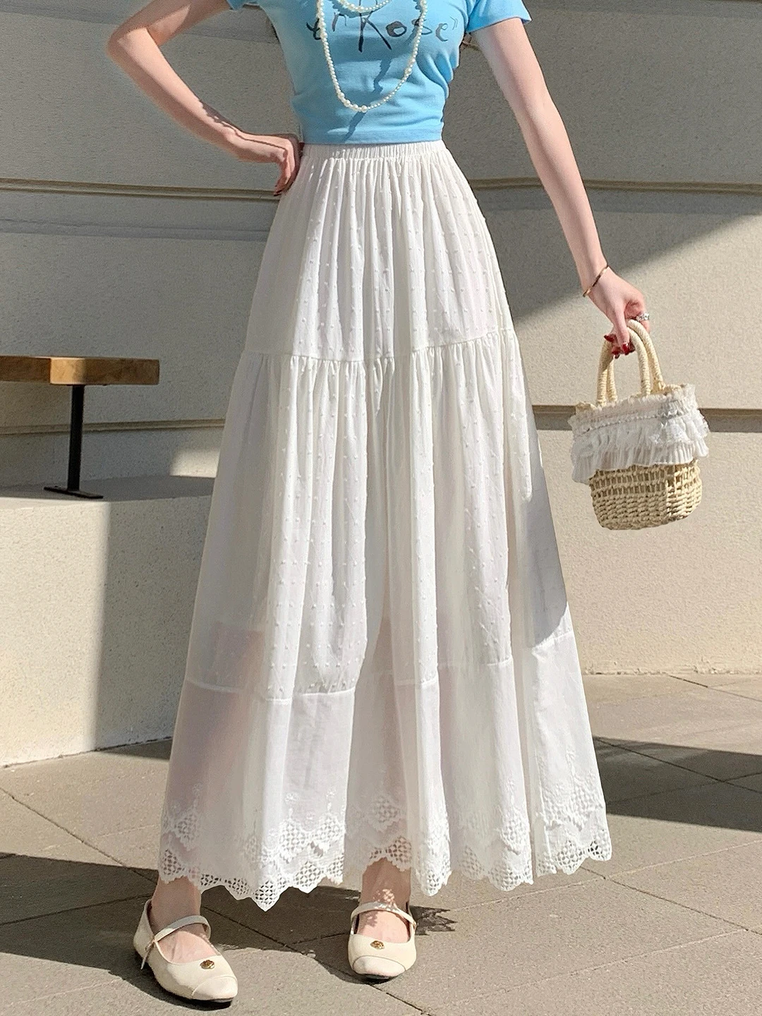 

Рекомендованная Эмили Клуд длинная юбка А-силуэта с белой кружевной отделкой и вырезами, женская, весна-лето, с высокой талией, ажурный дизайн