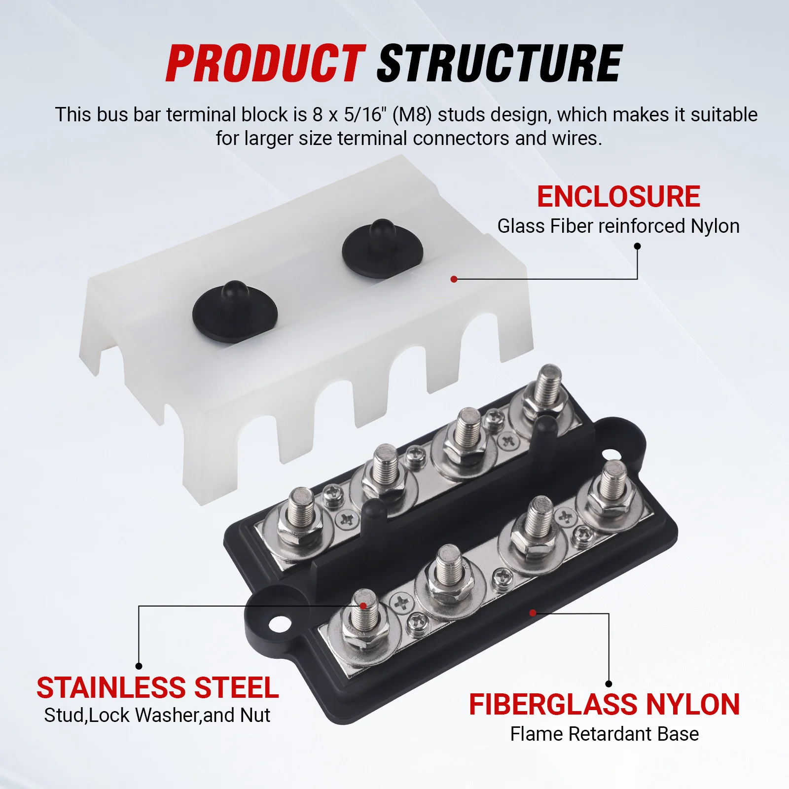Picture 4: Heavy Duty Positive Negative Power Busbar 8 Way Bus Bar 12V-48V 250A DC Battery Terminal Studs Box M8 M10 Distribution Block Box