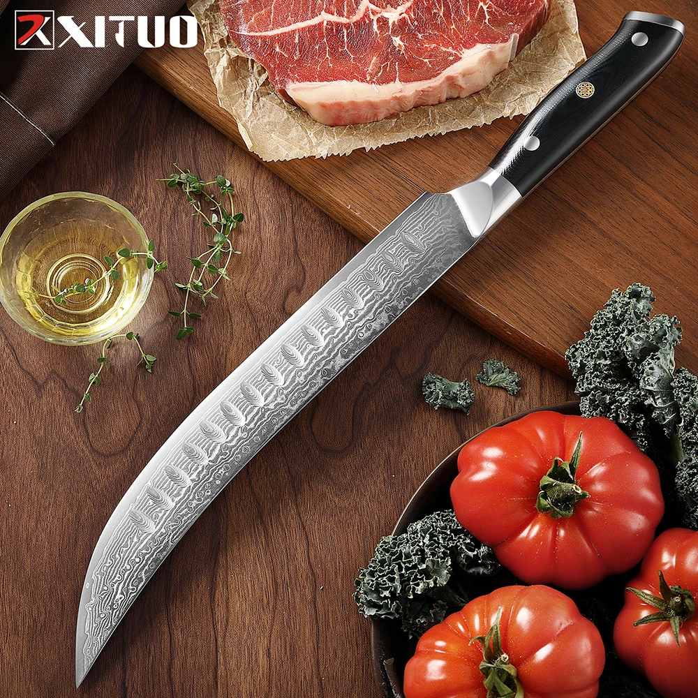 XITUO Damascus Steel Slicing Carving Knife Ultra Sharp Forged Brisket Knife Butcher Breaking Kitchen Knife Full Tang Handle