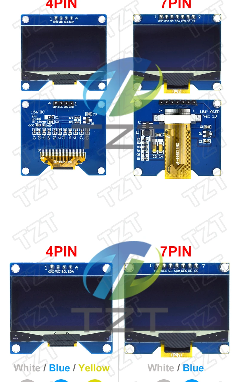 1,54 Zoll 4PIN 7PIN Weiß Blau Gelb OLED-Bildschirmmodul CH1116 Treiber-IC Kompatibel mit SSD1306 SPI-Schnittstelle 128*64 – Detail 6