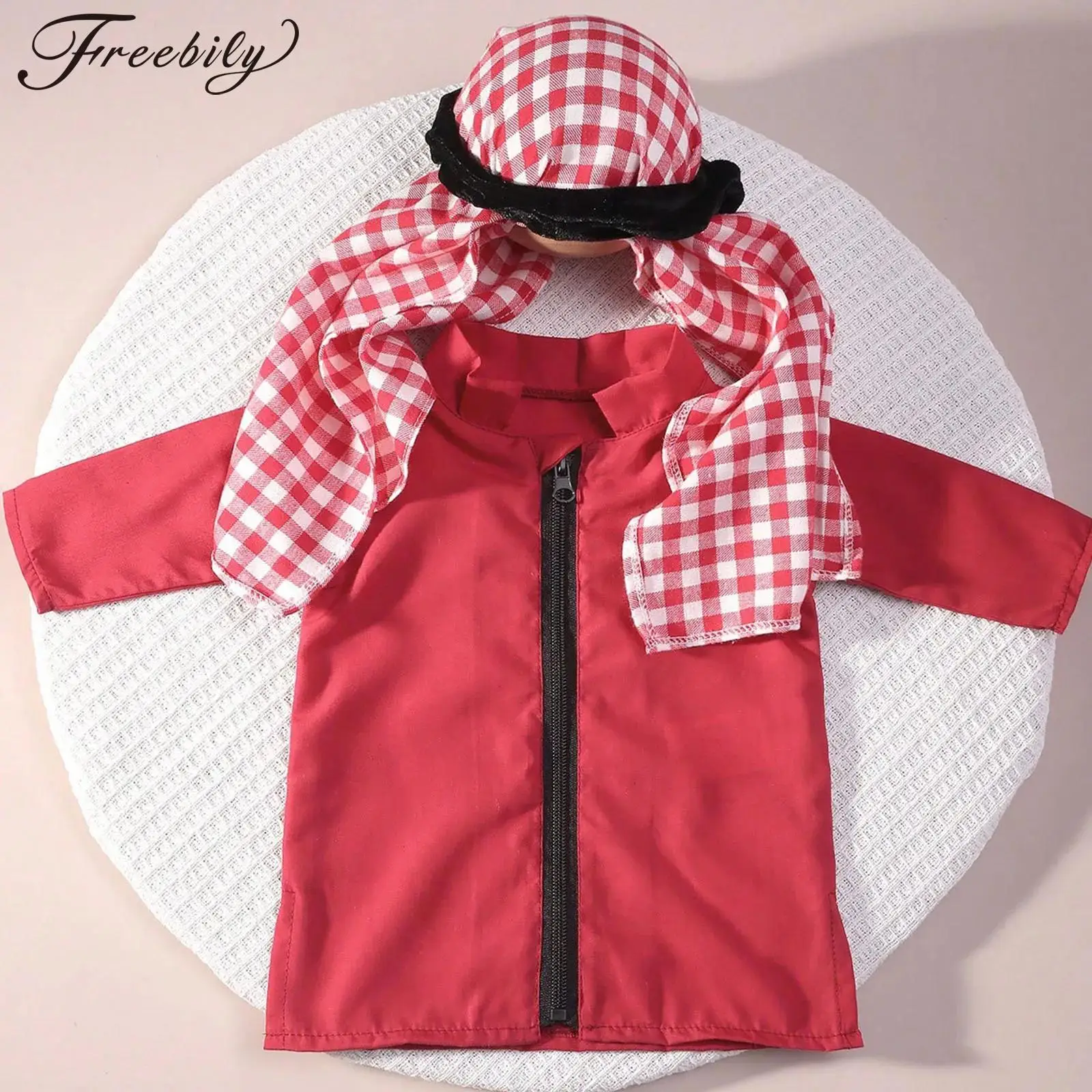 

Baby Boys Muslim Arab Prince Costume Photography Outfits Long Sleeve Zipper Arabian Robe with Plaid Headscarf Infant Clothes