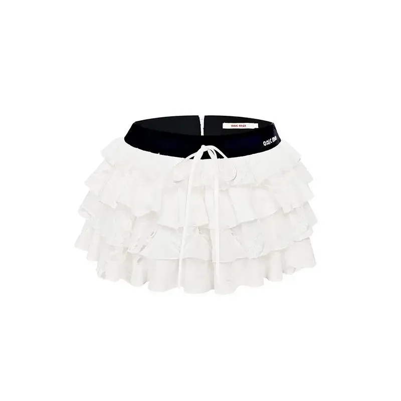 Houzhou kawaii plissado mini saia fairycore sexy bolo branco plissado rendas até saias curtas coquette casual retalhos saia em camadas