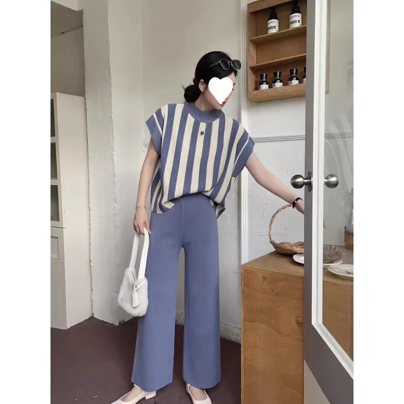 2024 Fashion Minimalist Patchwork Loose Short Sleeved Sweater Top High Waisted Slimming Wide Leg Pants Two-piece Set