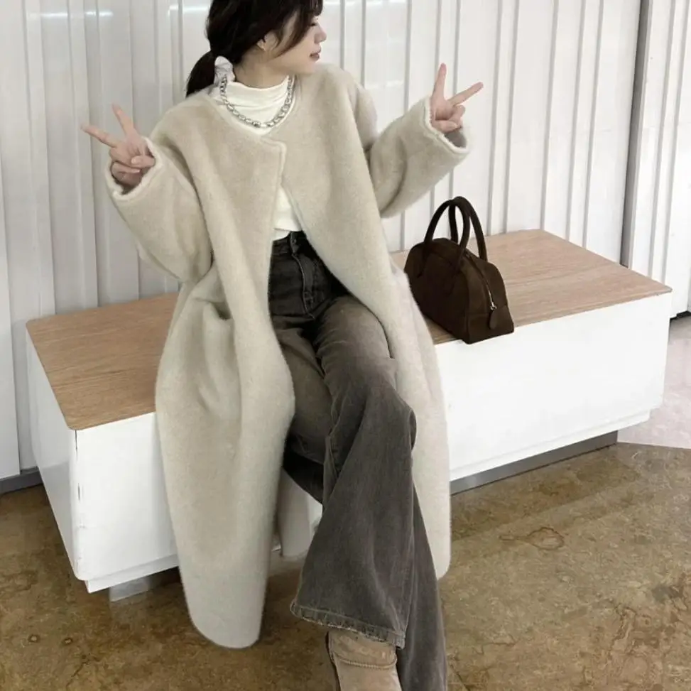 Jaket Mantel Panjang Bulu Imitasi Wanita, Mantel Leher Bulat Maxi, Jaket Streetwear Y2k Tebal Hangat, Jaket Kerja Kasual Elegan Longgar Musim Gugur Musim Dingin