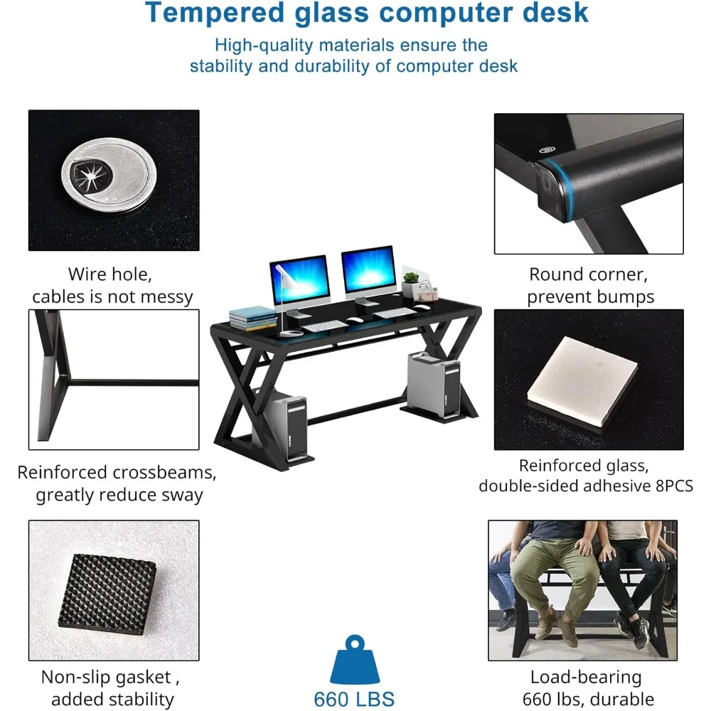 Mesa de computador de vidro, mesa de computador moderna com estrutura de aço carbono e tampo de vidro, mesas de escritório em casa, mesa de computador, estudo
