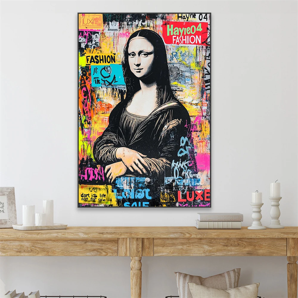 Mona Lisa Print Graffiti Pop Art Canvas Painting Graffiti Print Funny Vintage Altered Portrait Poster Collage Canvas Painting