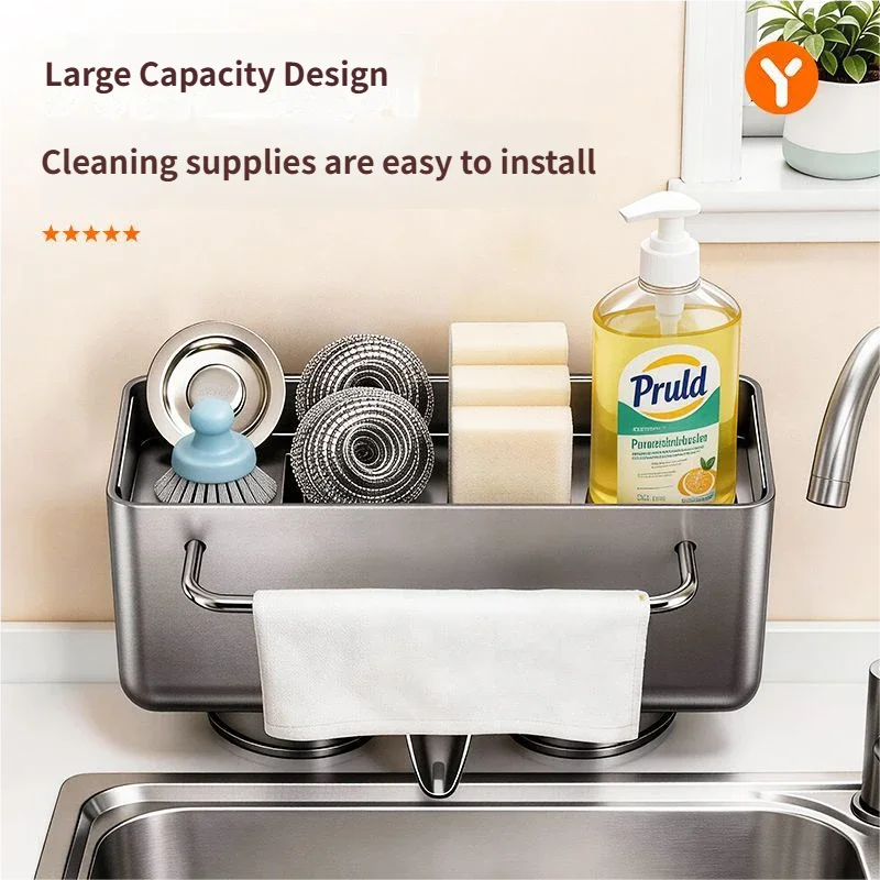 No Drill Suction Cup Kitchen Sink Caddy with Towel Bar Kitchen Sink Sponge Holder Dishcloth Drying Rack Sink Drain Basket
