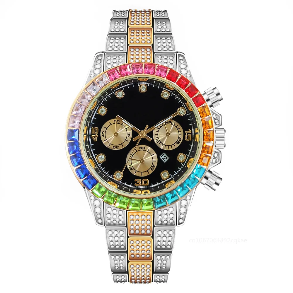 Luxury Men Watches Colorful Quartz Wristwatches Rhinestone Watch Calendar Watch Male Clock Gift Relogios Masculino Montre Homme