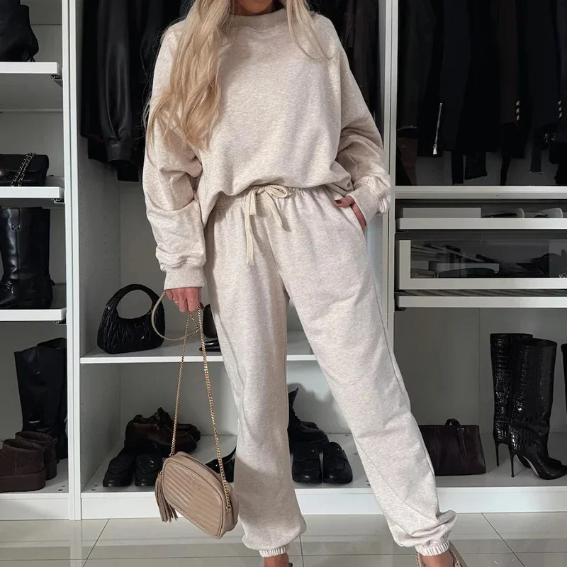 Women's Autumn Fashion Casual Loose Sports Two Piece Set O Neck Long Sleeved Solid Color Sweatshirt Pullover + Pants Set Women